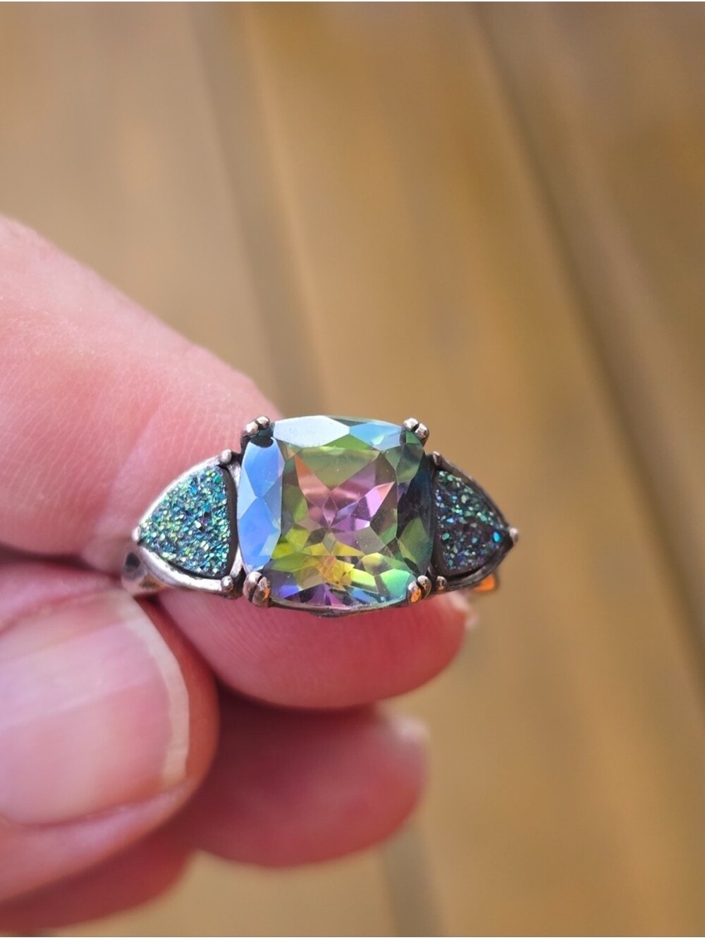 Vintage Sterling Silver Mystic Topaz & Druzy Quartz Statement Ring - Size 10 - Picture 11 of 12